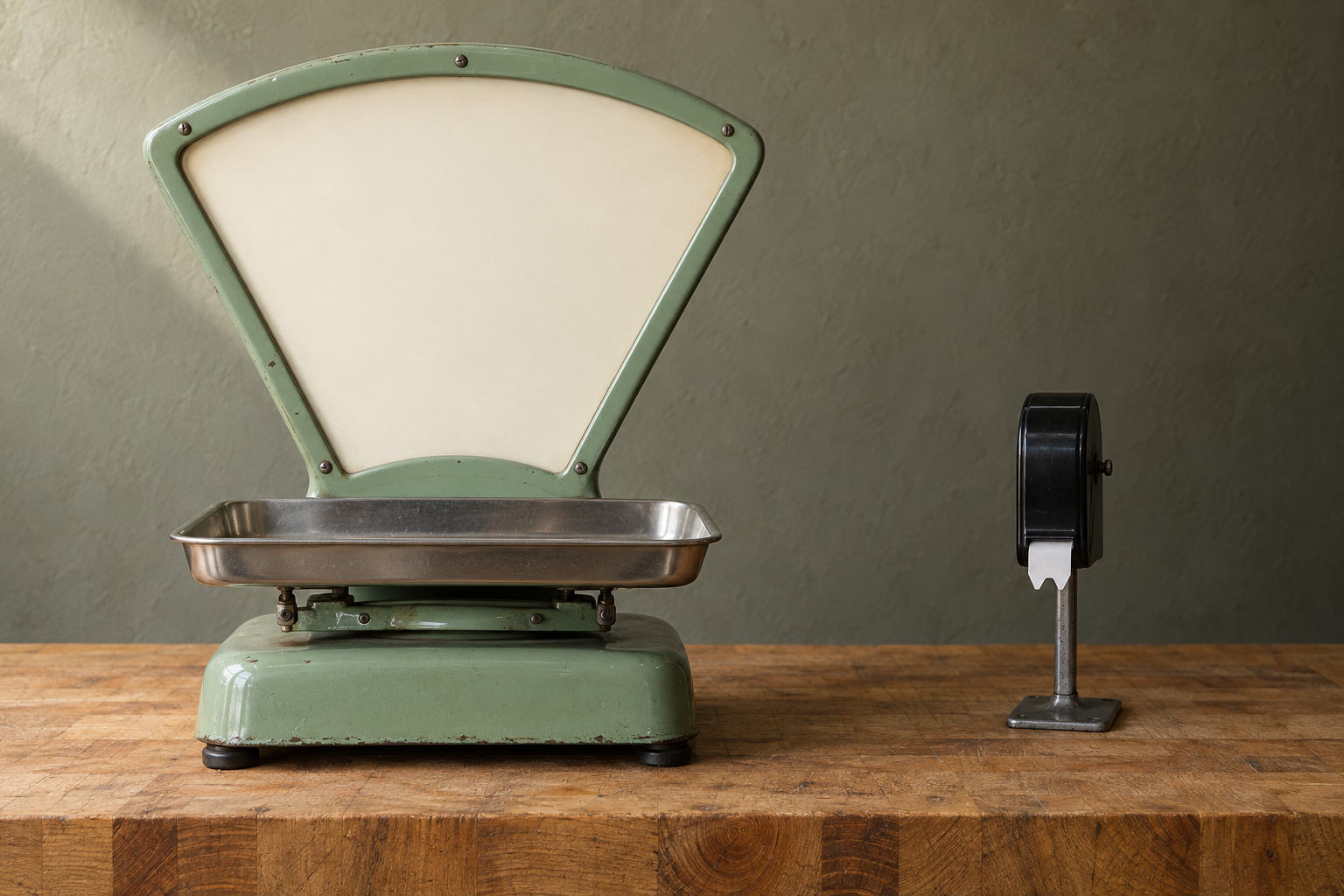 Celadon enamel scale and black deli ticket dispenser on a maple block, with a wrapped cheese parcel, metal maker’s tag and peach butcher paper hanging on the wall